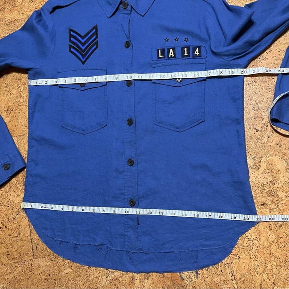 Rails Banks Military Patch Raw Edge Linen Blend Button Down Indigo Shirt Sz XS - Picture 15 of 16
